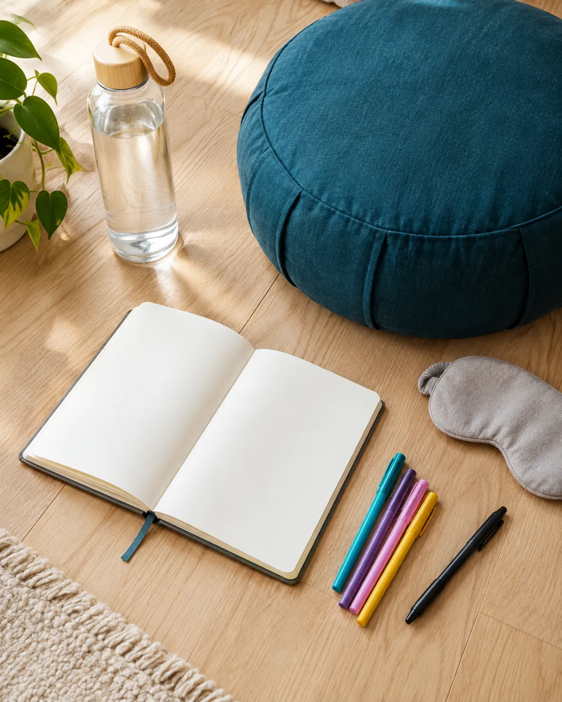 Carnet ouvert, feutres de couleur, masque de nuit et bouteille d'eau près d'un coussin de méditation