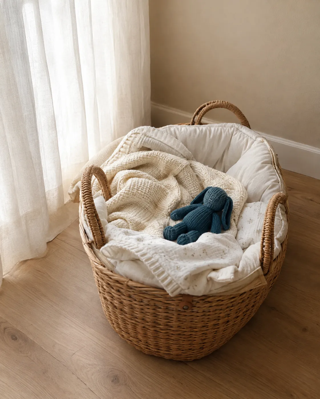 Panier en osier garni de couvertures blanches et d'un doudou bleu-vert