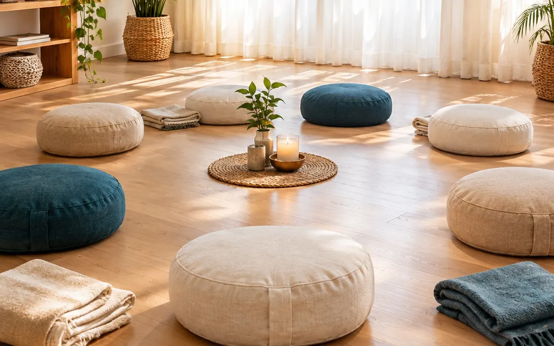 Salle claire avec des coussins de méditation disposés en cercle