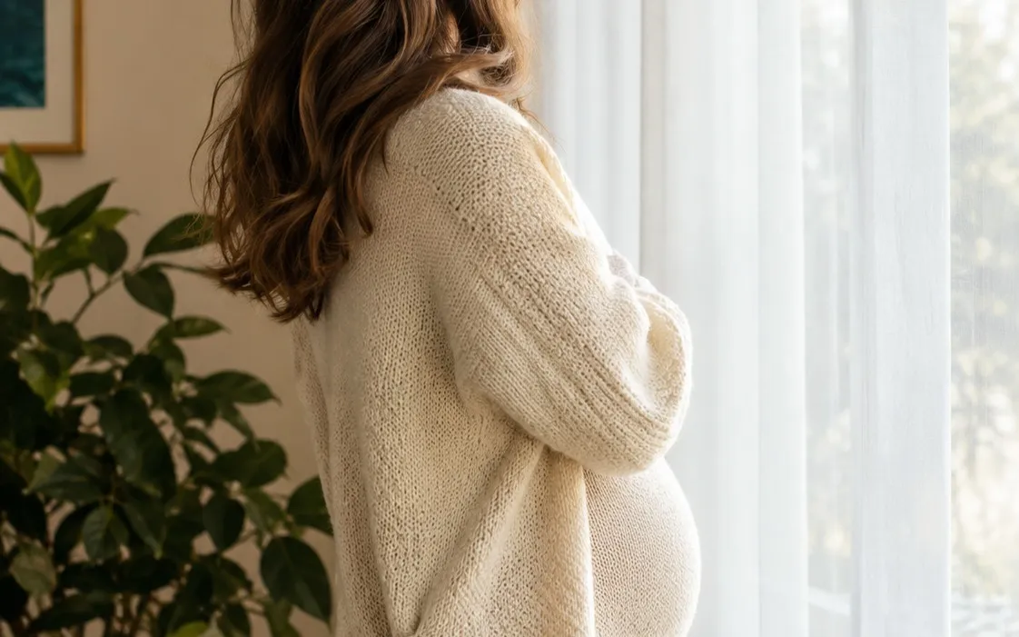 Femme enceinte vue de dos, en gilet crème, près d'une fenêtre aux voilages blancs