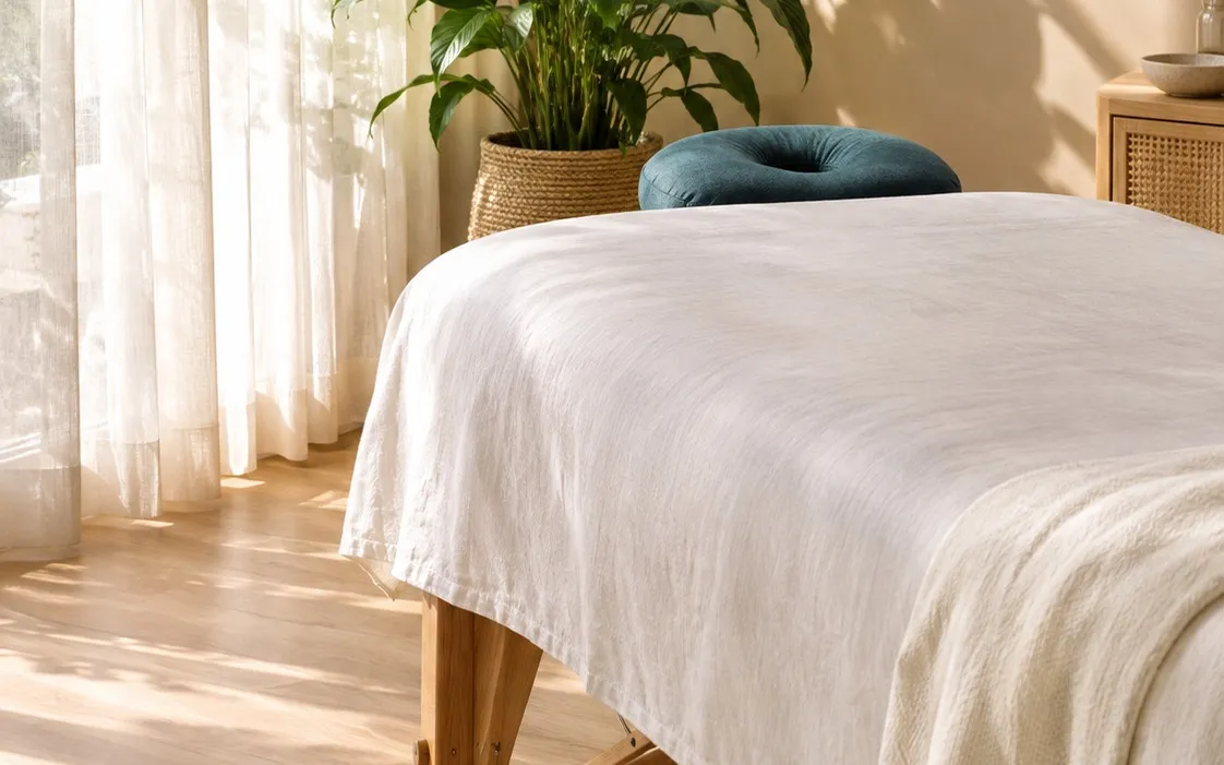 Table de soin au drap blanc et coussin bleu-vert dans la lumière du matin