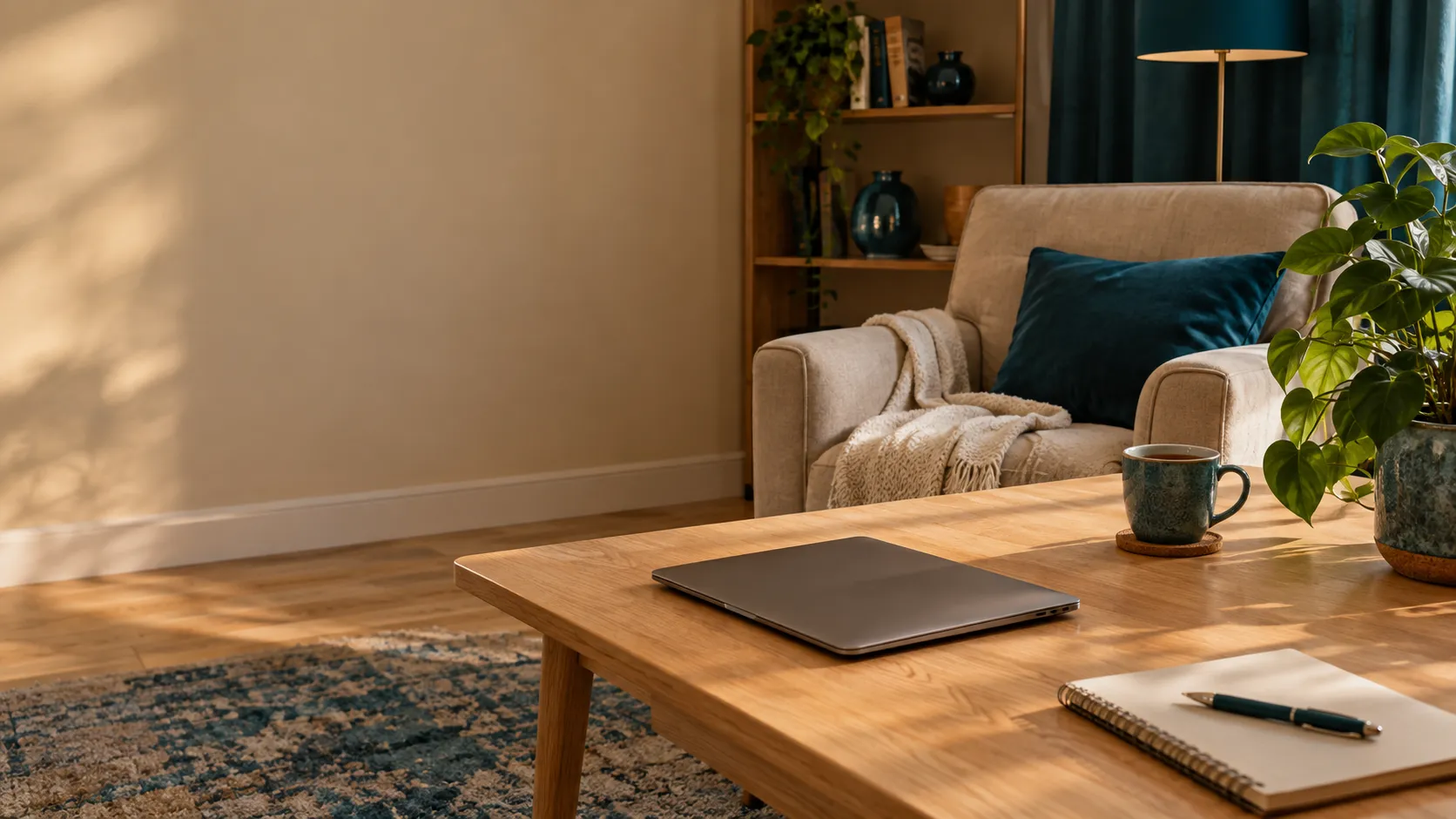 Coin salon calme avec un ordinateur portable fermé, une tasse de thé et un carnet