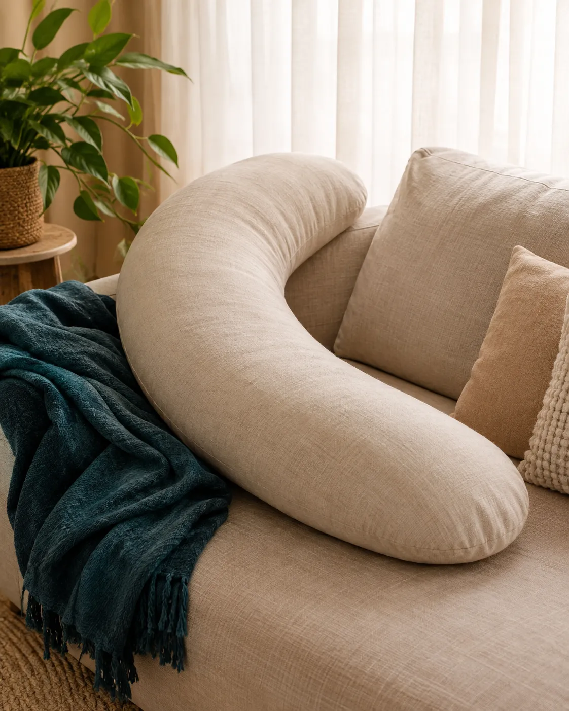 Coussin de grossesse en lin crème et plaid bleu-vert sur un canapé