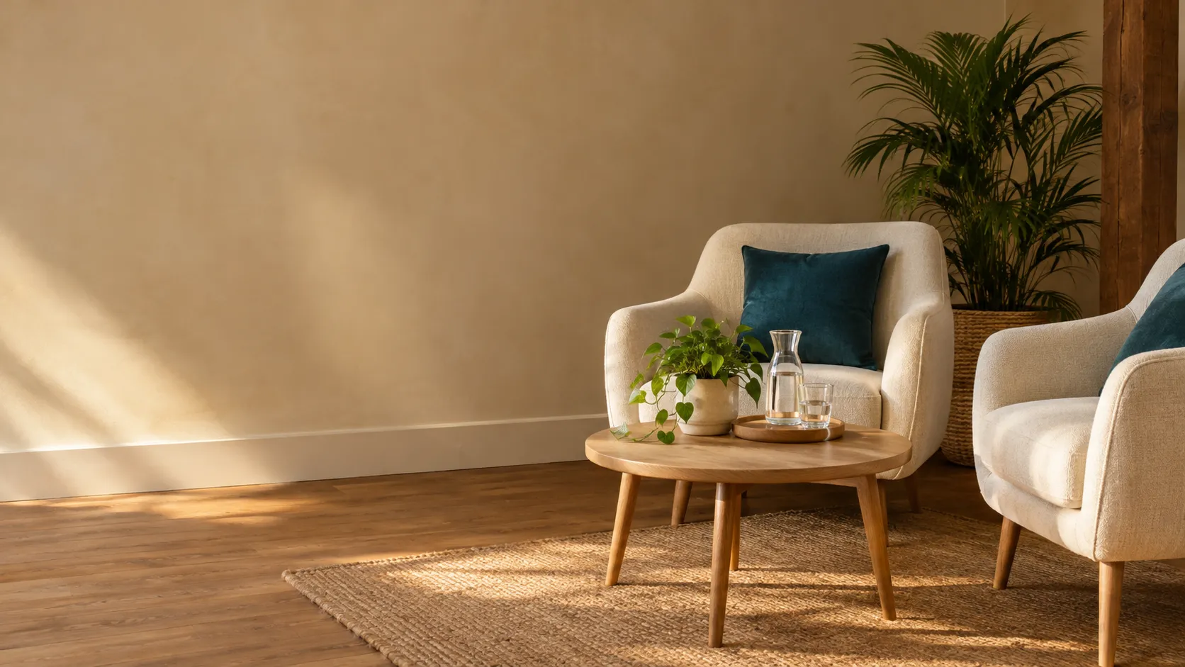 Coin d'attente calme avec deux fauteuils en lin, une table basse et une plante