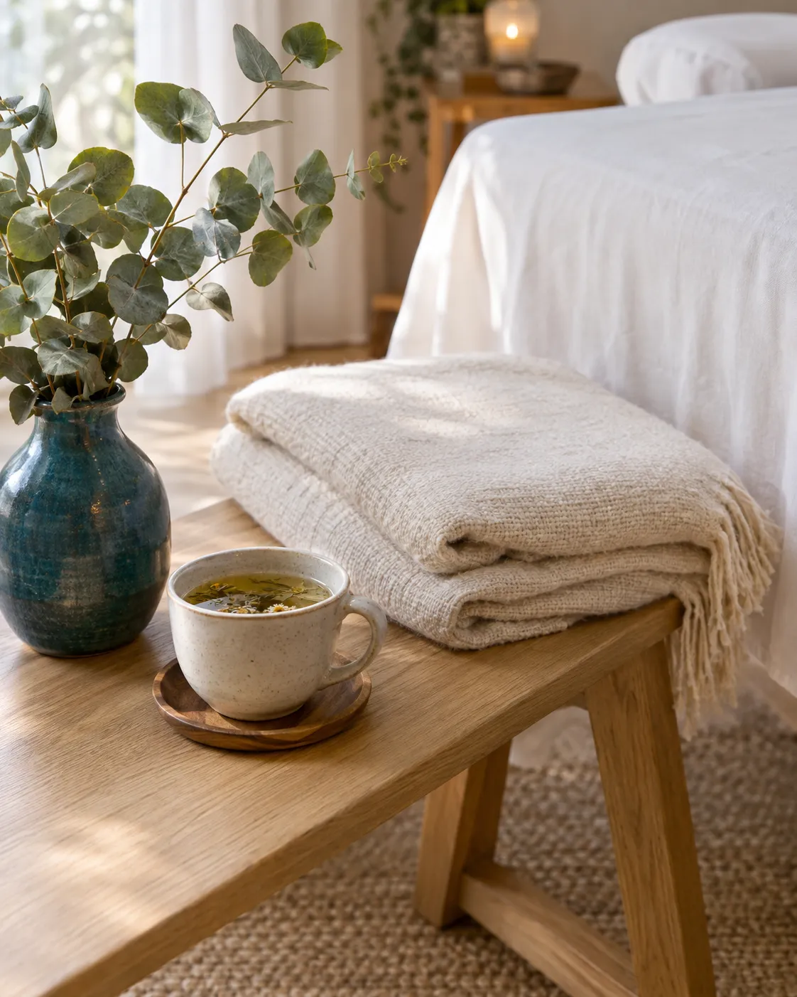 Tasse de tisane et couverture de lin pliée sur un banc près d'une table de soin