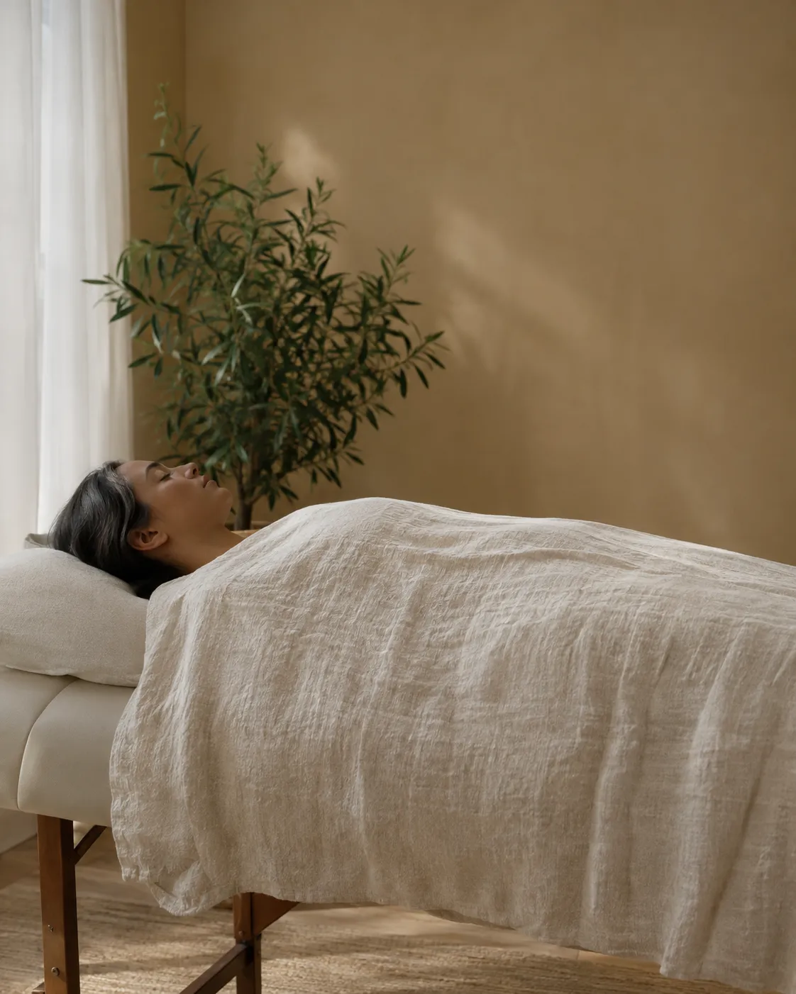 Personne allongée sur une table de soin sous une couverture de lin, les yeux fermés